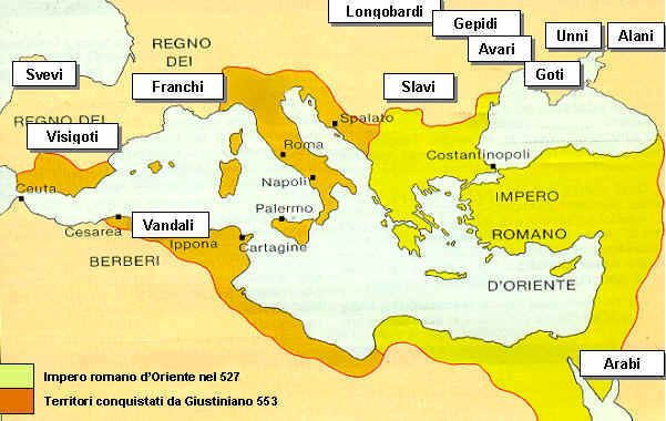 L'impero romano d'Oriente nel 527 e nel 565